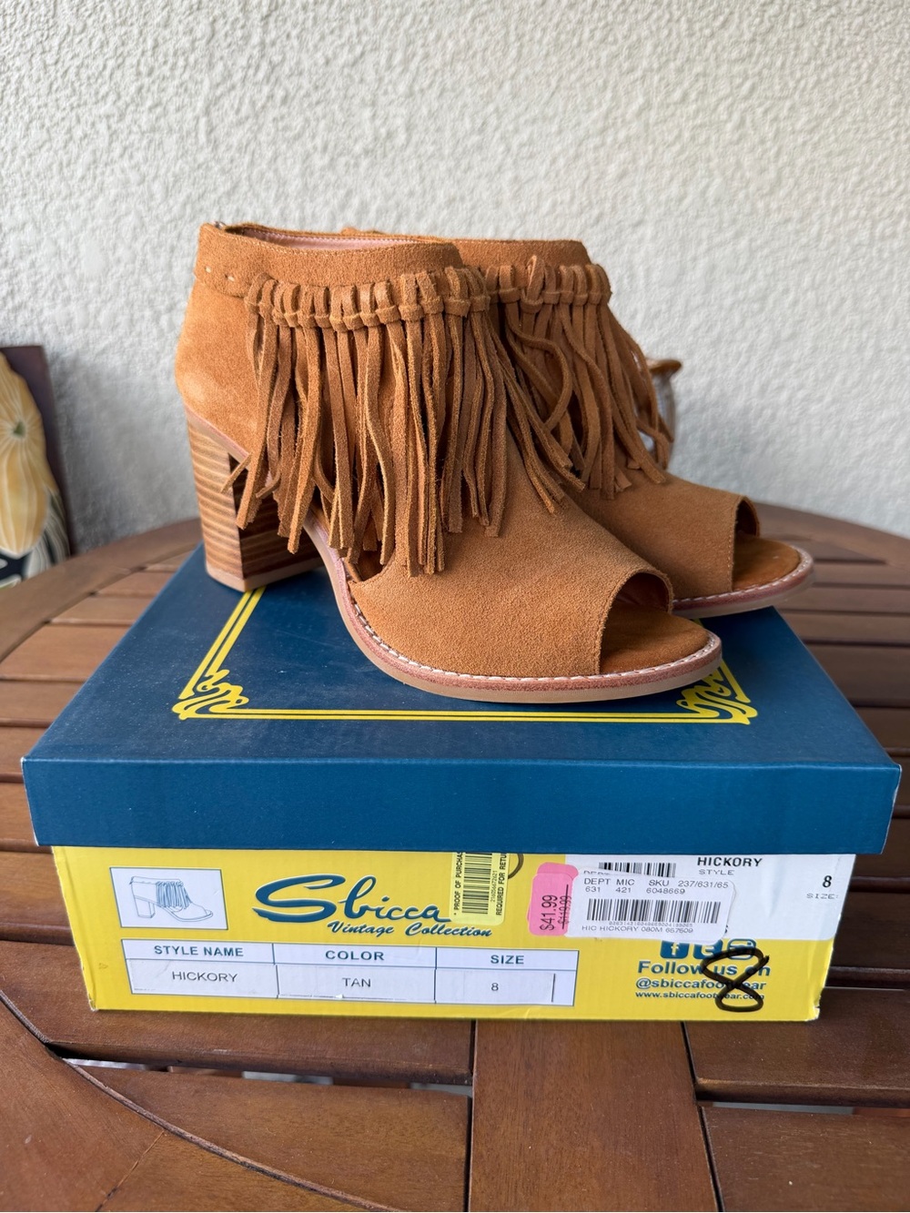 Sbicca Tan Suede Fringe Peep-Toe Block Heel Mules Sz 8